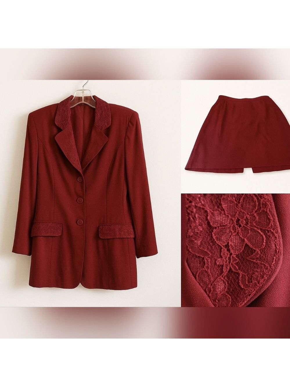 Vintage Synari Burgundy Lace Blazer Skirt Suit Set Size 12 Made In USA